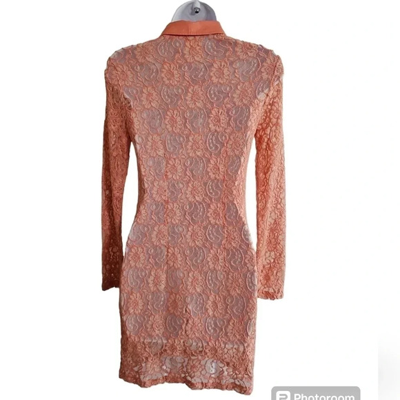 Forever 21 S Coral Lace Sheer Dress Sequin Collar Mod Y2K Glam Party Dress - Picture 3 of 6